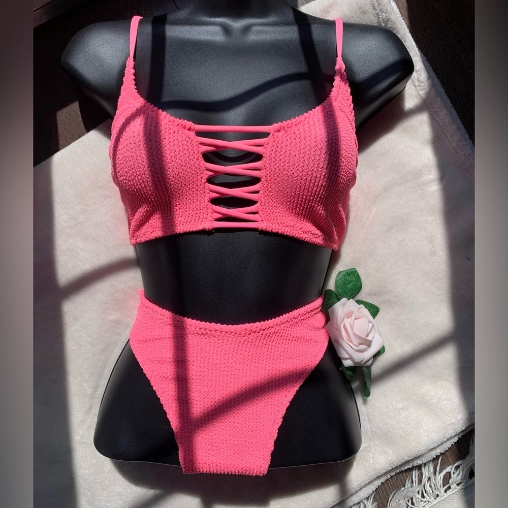Guess Beach Neon Pink Crinkle Bikini Set